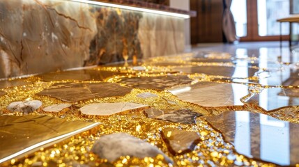 Stunning Interior Design with Golden Resin Flooring and Natural Stone Accents in Elegant Modern Space