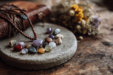 A rustic wooden surface displays a grey stone coaster holding tumbled gemstones, a leather-bound book, and a beaded necklace, alongside a dried flower bouquet