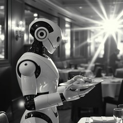Robot waiter serving food with fine dining.