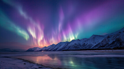 Naklejka premium Northern lights dancing above a frozen arctic landscape, magical glow.