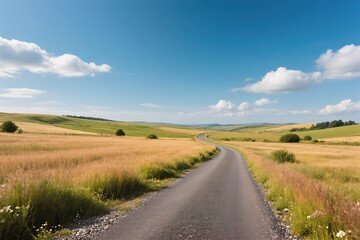 Fototapeta premium A wonderfully picturesque country road meanders through lush, golden fields beneath a radiant blue sky