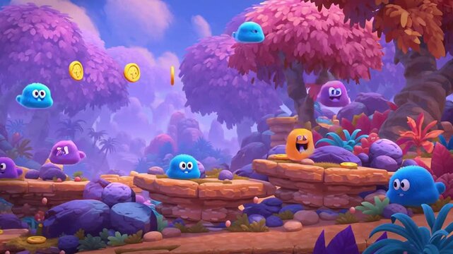 Colorful 2d side-scrolling game environment with playful characters, jumping on platforms, collecting coins