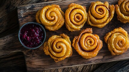 Fototapeta premium Freshly baked cinnamon rolls and chocolate chip cookies sit on a rustic wooden table, a delicious pastry snack