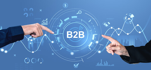 B2B business communication concept with digital data graphics on blue background.