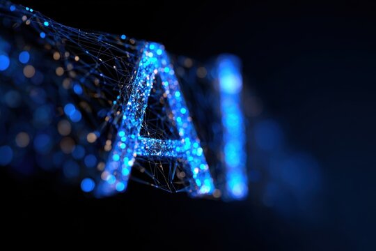 Digital AI Convergence: A captivating 3D rendering showcases the initials AI illuminated in brilliant blue, intertwined with a complex network of interconnected digital nodes.