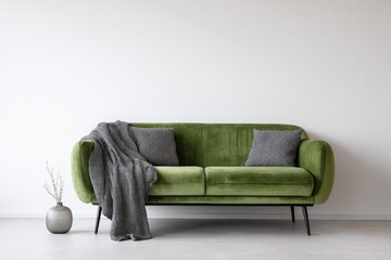 A sage green velvet sofa with rounded arms, two dark grey cushions, and a grey throw sits against a minimalist white wall; a small vase with branches rests nearby