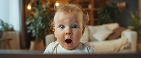 The amazed baby experiencing excitement while watching something on a screen.