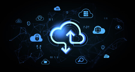 Cloud storage and online data transfer concept with glowing upload and download arrows surrounded by network icons in a digital futuristic style. 3D Rendering