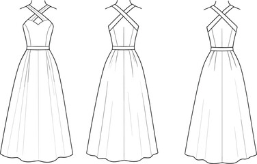 Evening dress fashion flat, halter neck gown, cross strap dress, technical sketch, sewing pattern, vector apparel design