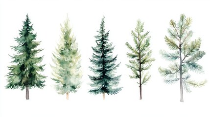 83.A charming watercolor collection of Christmas trees in various styles, ranging from tall and slender pines to short, full-bodied firs. Each tree is hand-painted in soft green tones with delicate