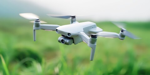 The white drone hovering above a lush green landscape in bright sunlight.