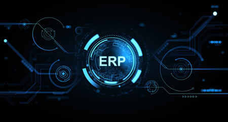 ERP system digital interface with futuristic circular UI elements and glowing blue data connections on dark background concept technology. 3D Rendering