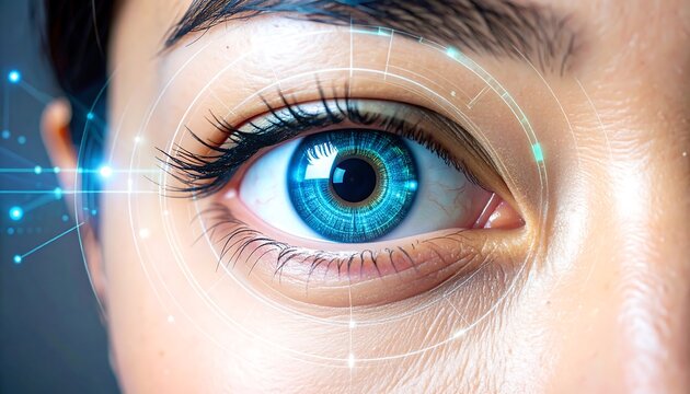 Close-up of a woman's eye with digital interface overlay