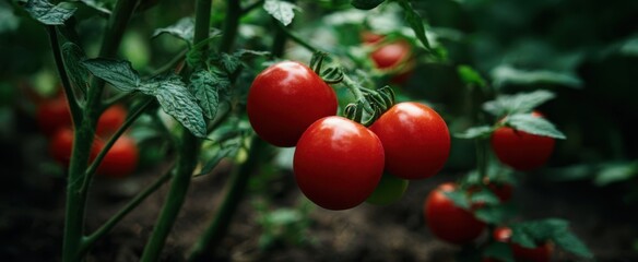 Fototapeta premium The vibrant red tomatoes hanging on lush green vines in a garden.