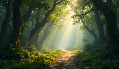 Obraz premium Misty morning forest path with sunlight rays