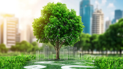 Tree with digital network connections in an urban park setting