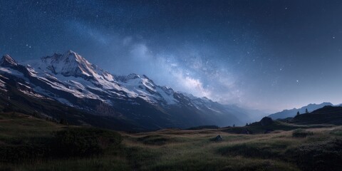 A wide landscape shot of the Swiss Alps under a clear summer night sky, millions of stars illuminating snow-capped peaks, a serene alpine meadow in the foreground, cool crisp mountain air.