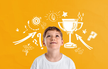 Thoughtful child looking up with trophy and success icons on ora