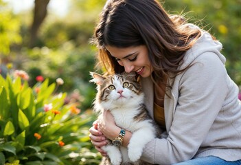 Obraz premium woman hugging cat in the garden