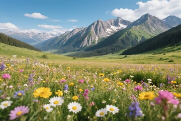 Obraz premium A breathtaking view of vibrant wildflowers blooming beautifully in a tranquil mountain valley under a clear blue sky