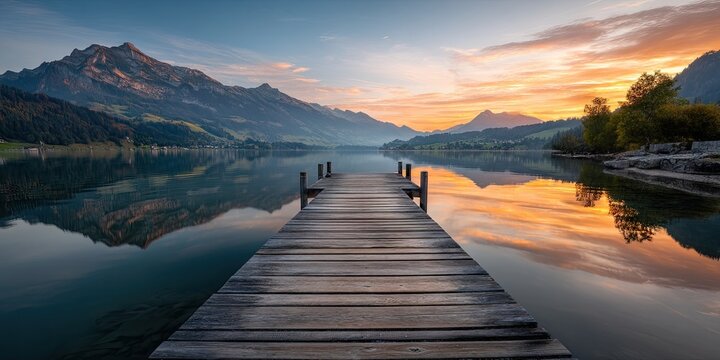 A rustic wooden pier at a Swiss lake during autumn evening, glowing mountains reflecting in the water, birds flying low across the surface