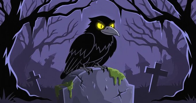 Dark Raven Perched on Gravestone in Spooky Forest.