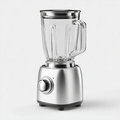 A silver and clear glass blender with a single control knob sits on a white background, casting a subtle shadow