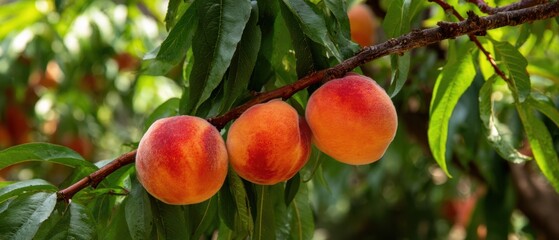 The Three Juicy Peaches Hanging on a Lush Green Branch