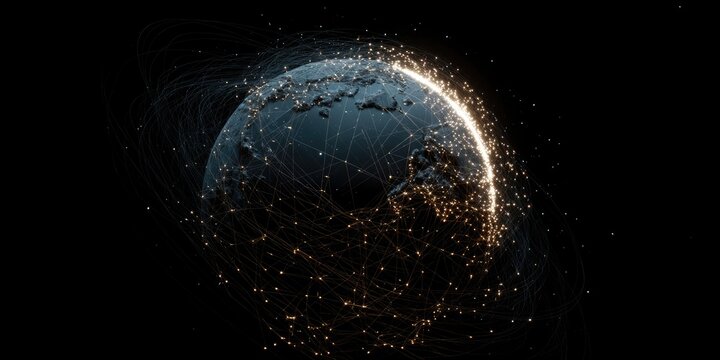 An abstract digital Earth formed by interconnected light points, rotating slowly in dark void