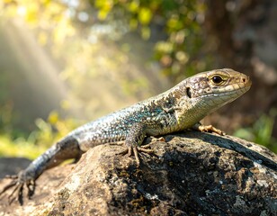 Fototapeta premium Lizard on rock, sunlight