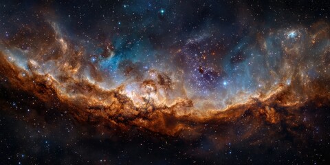 An awe-inspiring panorama of the universe showing a massive nebula glowing with swirling orange, purple, and cyan light, countless stars shining like diamonds scattered in infinite blackness.