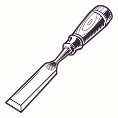 A detailed line art illustration of a sharp woodworking chisel with a wooden handle on a white background