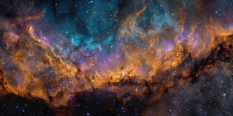 An awe-inspiring panorama of the universe showing a massive nebula glowing with swirling orange, purple, and cyan light, countless stars shining like diamonds scattered in infinite blackness.