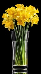 Fototapeta premium A clear vase holds vibrant yellow daffodils with green stems, set against a stark black background, creating a striking contrast and minimalist composition