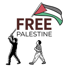 Illustration of a palestinian flag and the words free palestine with two figures walking