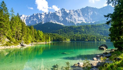 Fototapeta premium Majestic alpine lake with snow-capped peaks