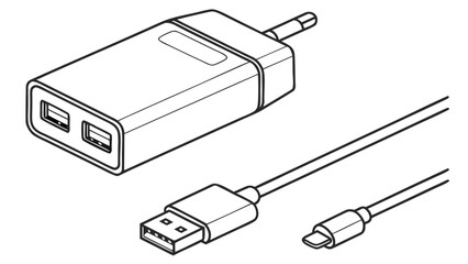Line art illustration of a dual usb wall charger with usb to lightning cable and usb to usb cable