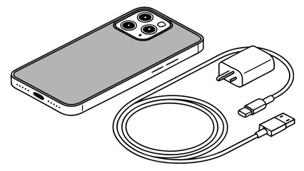 Modern smartphone with camera array and charging accessories including adapter and cable