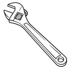 Simple black and white line drawing illustration of an adjustable wrench tool isolated on a white background