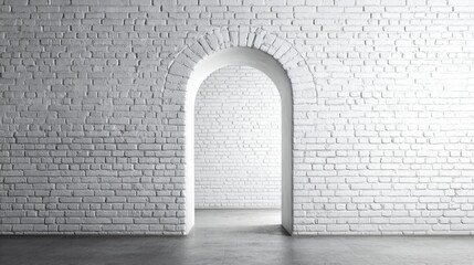 Bright and minimalist interior featuring a white brick wall with an arched opening. The space is clean and unoccupied, enhancing a modern aesthetic.