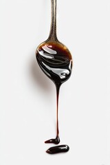 A silver spoon holds dark, viscous liquid; a thick stream flows downward, leaving a small drop below.  The background is plain white