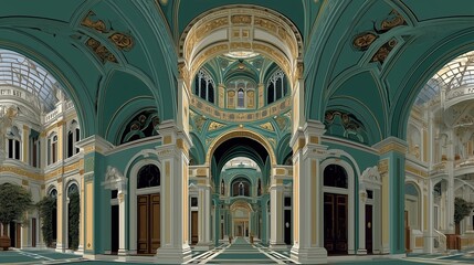 Obraz premium Grand Ornate Interior with Teal and Gold Architectural Details