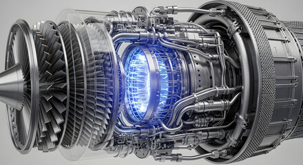 Detailed View of a Modern Jet Engine with Blue Energy Core Emission
