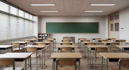 Empty classroom with rows of wooden desks and chairs facing a green chalkboard under bright fluorescent lighting, ready for students