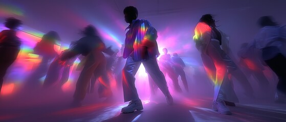 Neon-Lit Dance Scene with Colorful Light Refractions