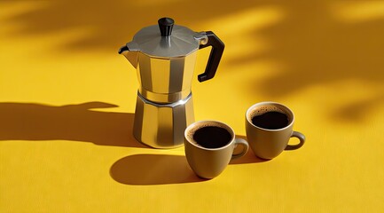 A silver stovetop espresso maker sits beside two small, filled espresso cups on a sunny yellow surface, casting shadows