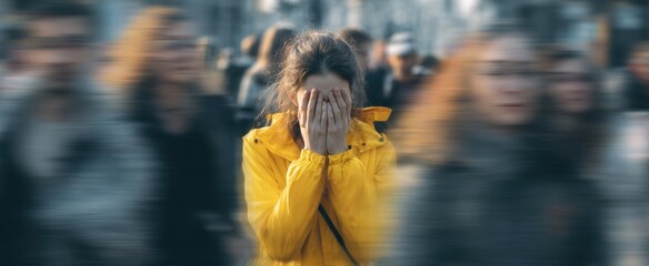 The Young Woman in Yellow Raincoat Struggling with Emotions in a Crowded City