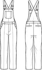 Overalls technical flat sketch, front and back view, utility straps, pocket detail, relaxed fit trousers, fashion CAD vector apparel design illustration