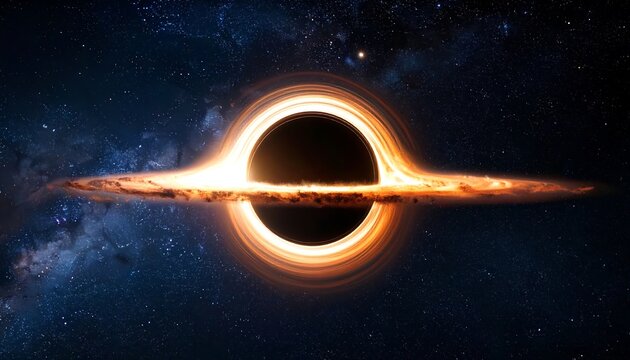 A cosmic illustration showcasing a supermassive astronomical object. The central void is surrounded by a warped, glowing accretion disk of fiery material.  - Powered by Adobe