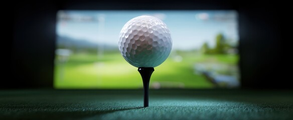 The golf ball poised on a tee against a high-tech simulator backdrop